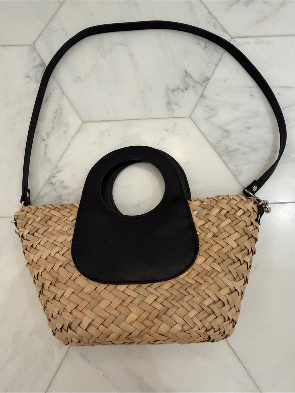 Mango Tan Woven Straw Crossbody with Black Leather Trim